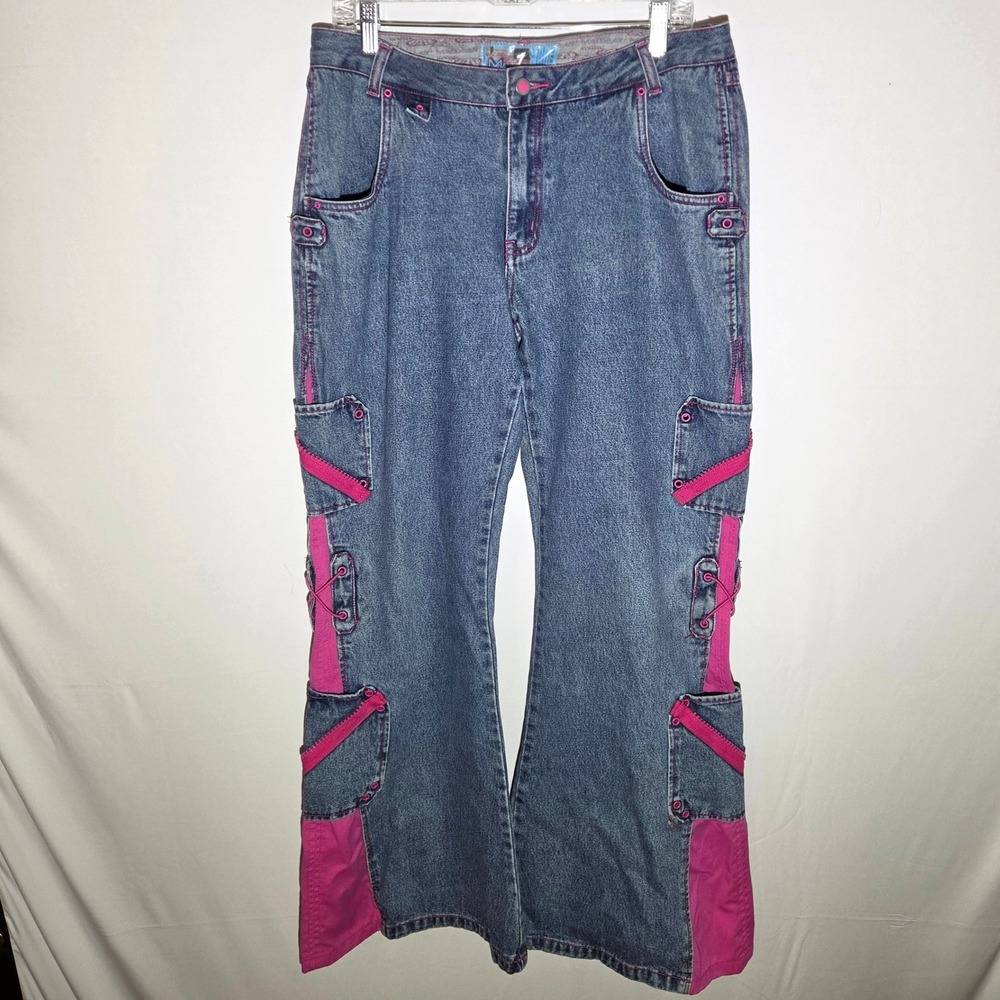 Macgirl Macgear Y2K Rave Cargo Jeans Pink Contrast Wide Leg Denim Size 15